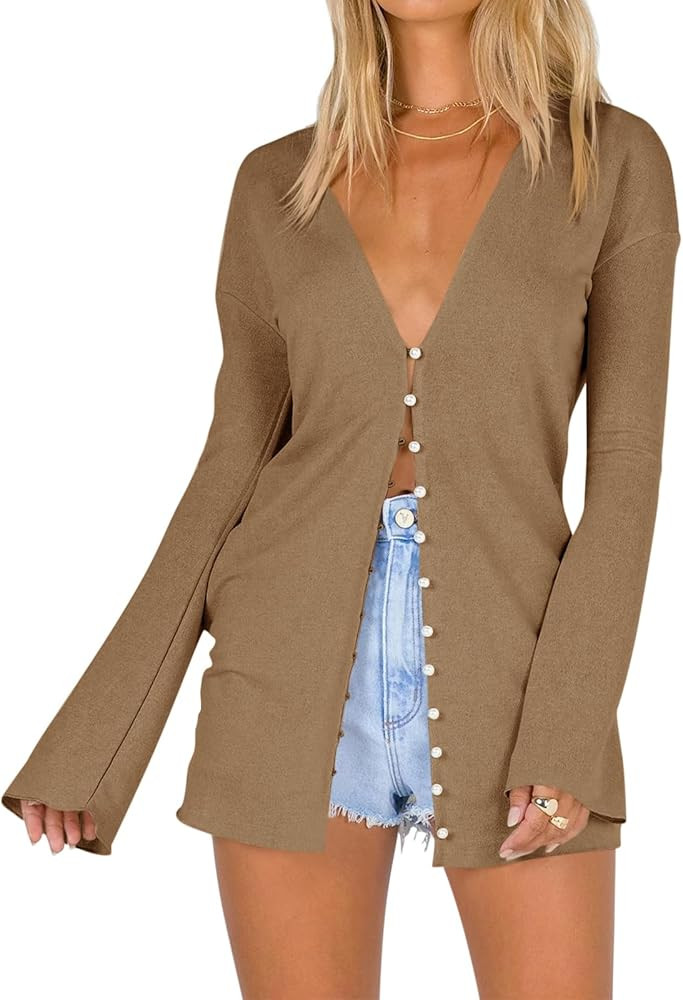 Saodimallsu Women Deep V Neck Cardigan Lightweight Button Down Long Sleeve Loose Open Front Knit ... | Amazon (US)