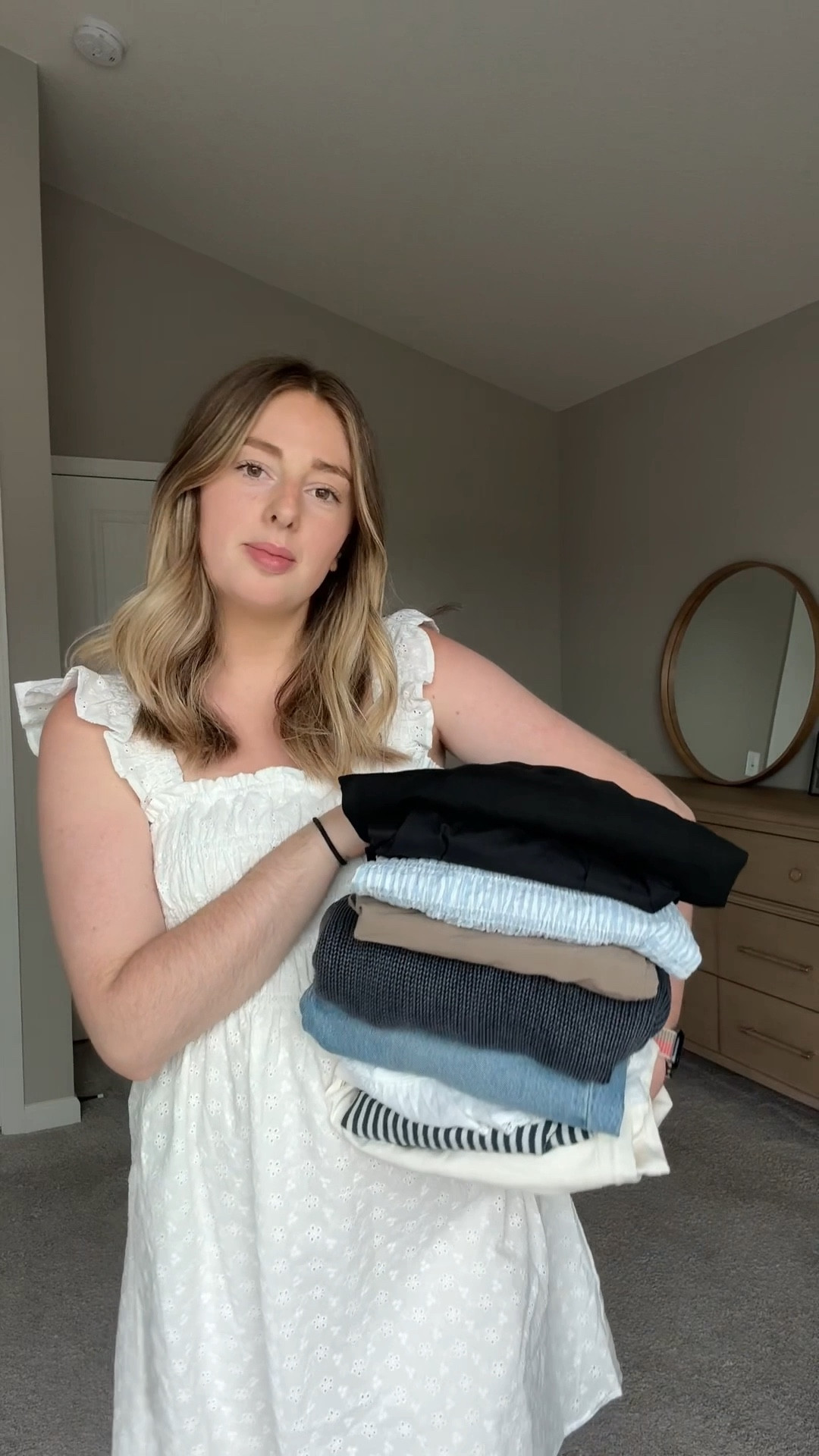 the 2nd skirt and striped smocked blouse are sold out but i tried to link some similar ones 🩵 abercrombie and fitch haul h&m haul natural fibers linen pants eyelet embroidered dress petite fashion abercrombie jeans curve love jeans mom style post partum clothing spring fashion summer fashion vacation outfits 