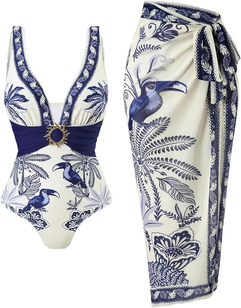 SherryDC One Piece Swimsuit with Cover up Wrap Skirt Sarong Floral Print Plunge V Neck Bathing Su... | Amazon (US)