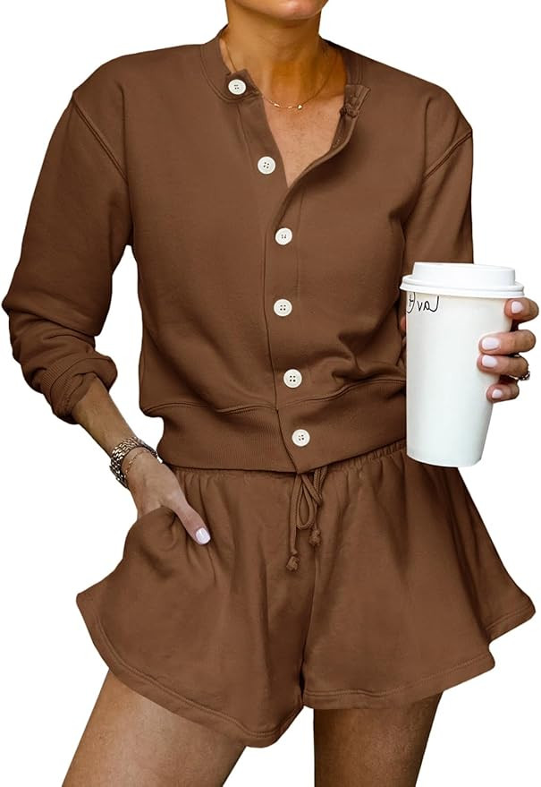 Tankaneo Womens 2 Piece Outfits Sweatsuit Button Down Tops and Shorts Casual Matching Lounge Set ... | Amazon (US)