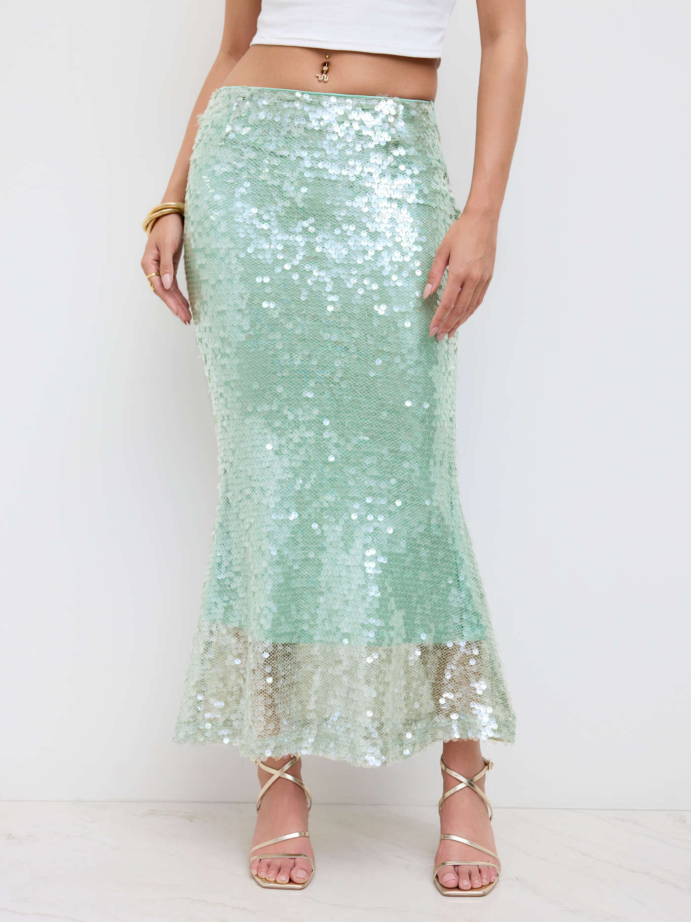 Mesh Mid Rise Sequin Mermaid Maxi Skirt | Cider