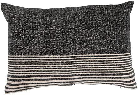 Creative Co-Op Cotton Blend Slub Lumbar Stripes and Leather Tab Pillow, 20" L x 14" W x 2" H, Bla... | Amazon (US)