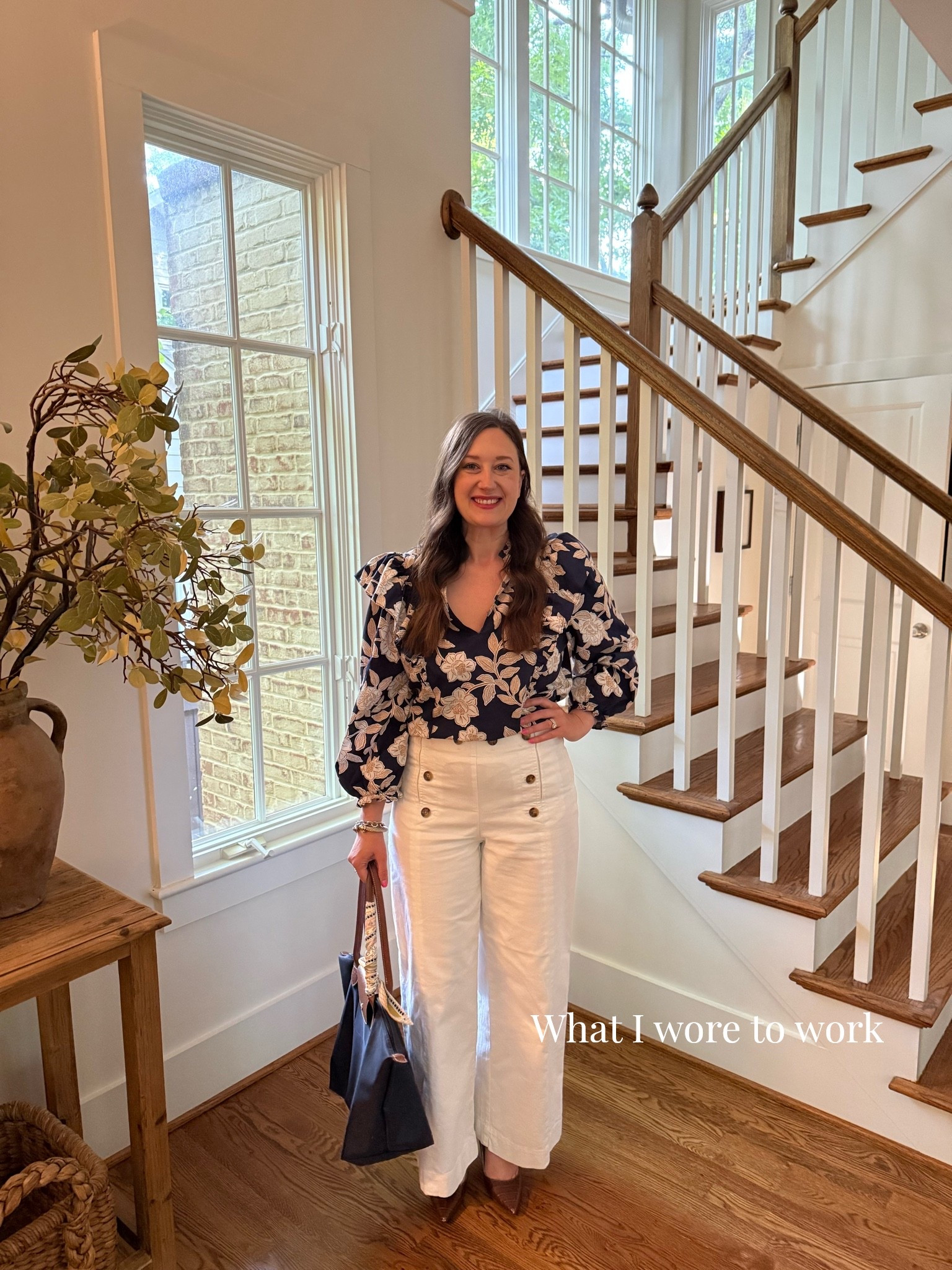 What I wore to work this week. White pants, floral top, mid heel, longchamp

#LTKootd #LTKOver40 #LTKdayinmylife