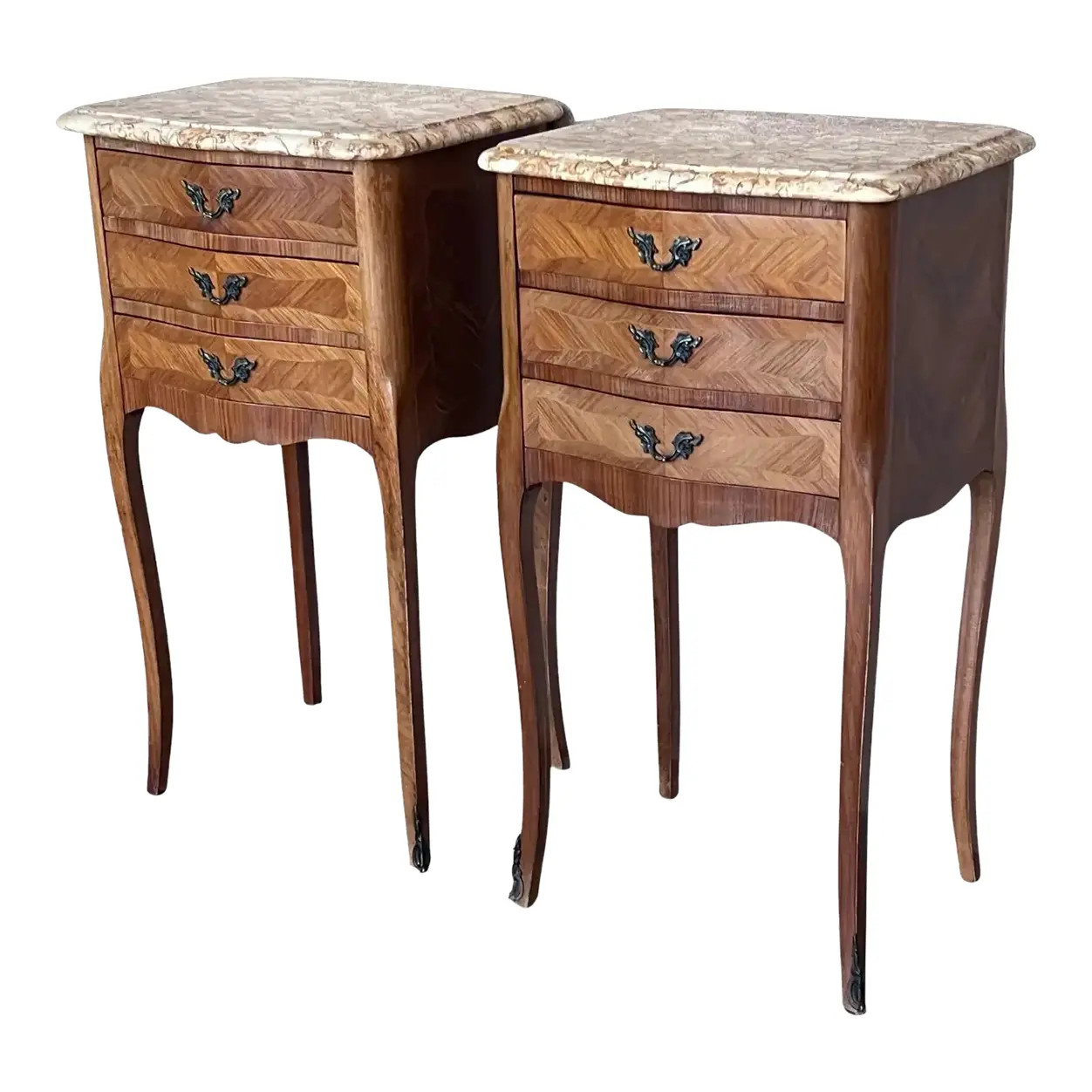 Antique Louis XV French Marquetry Marble Top Nightstands, Set of 2 | Chairish
