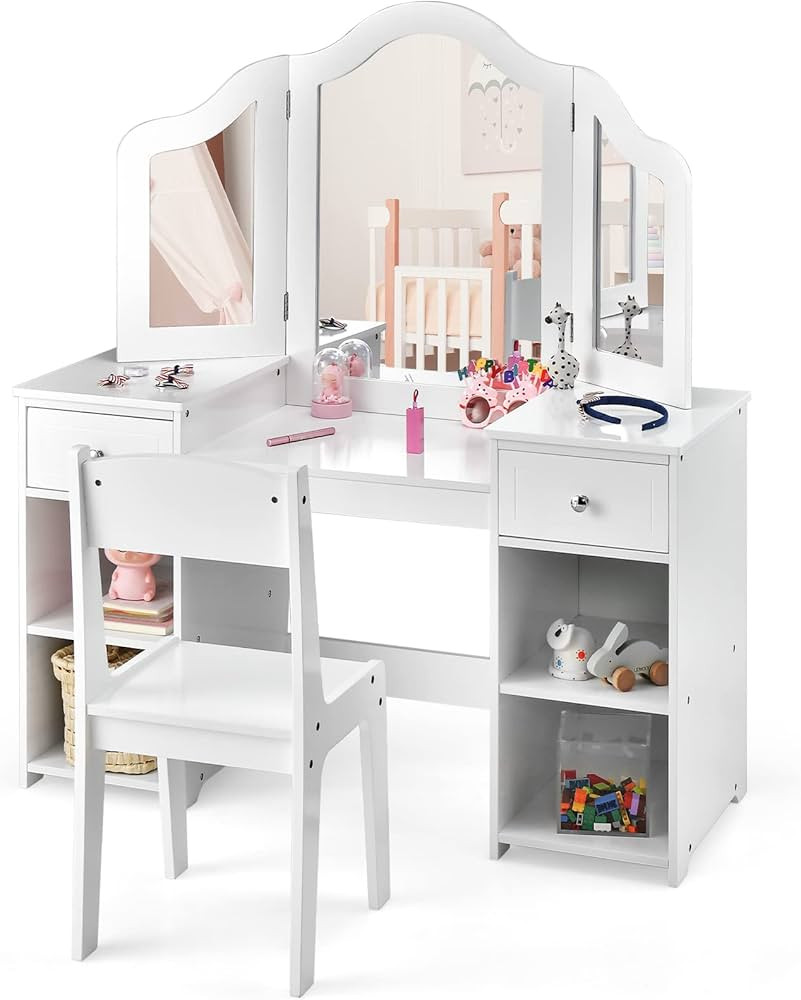 INFANS Kids Vanity, 2 in 1 Princess Makeup Desk and Chair Set with Drawers Tri-Folding Detachable... | Amazon (US)