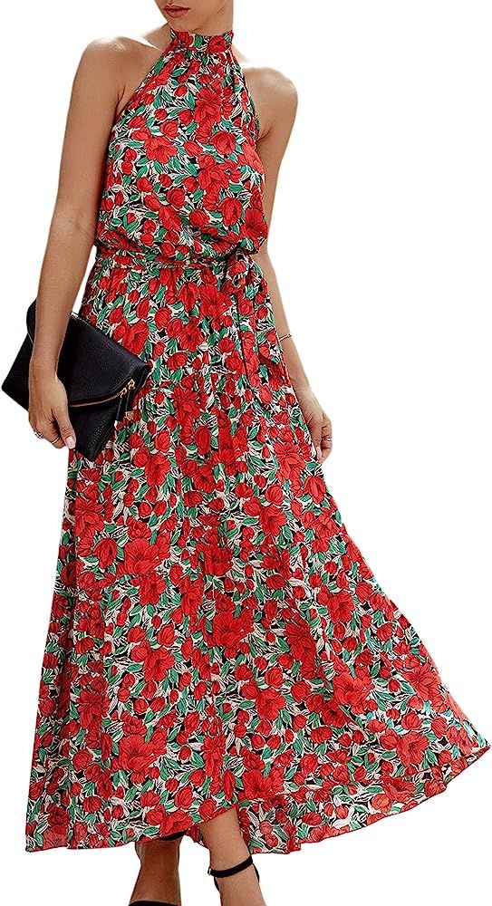 ECOWISH Women Dress Halter Neck Boho Floral Print Sleeveless Casual Backless Maxi Dresses with Be... | Amazon (US)