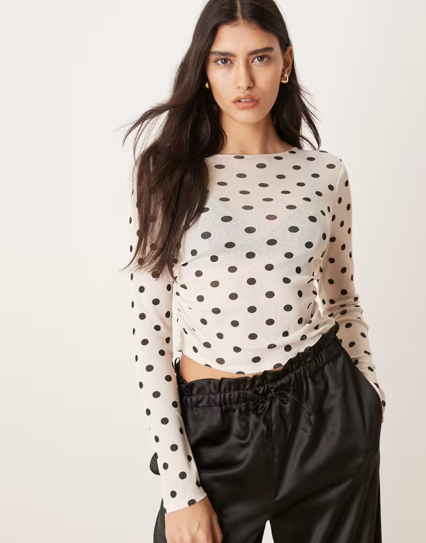 ASOS DESIGN fitted polka dot mesh long sleeve top in cream-White | ASOS (Global)