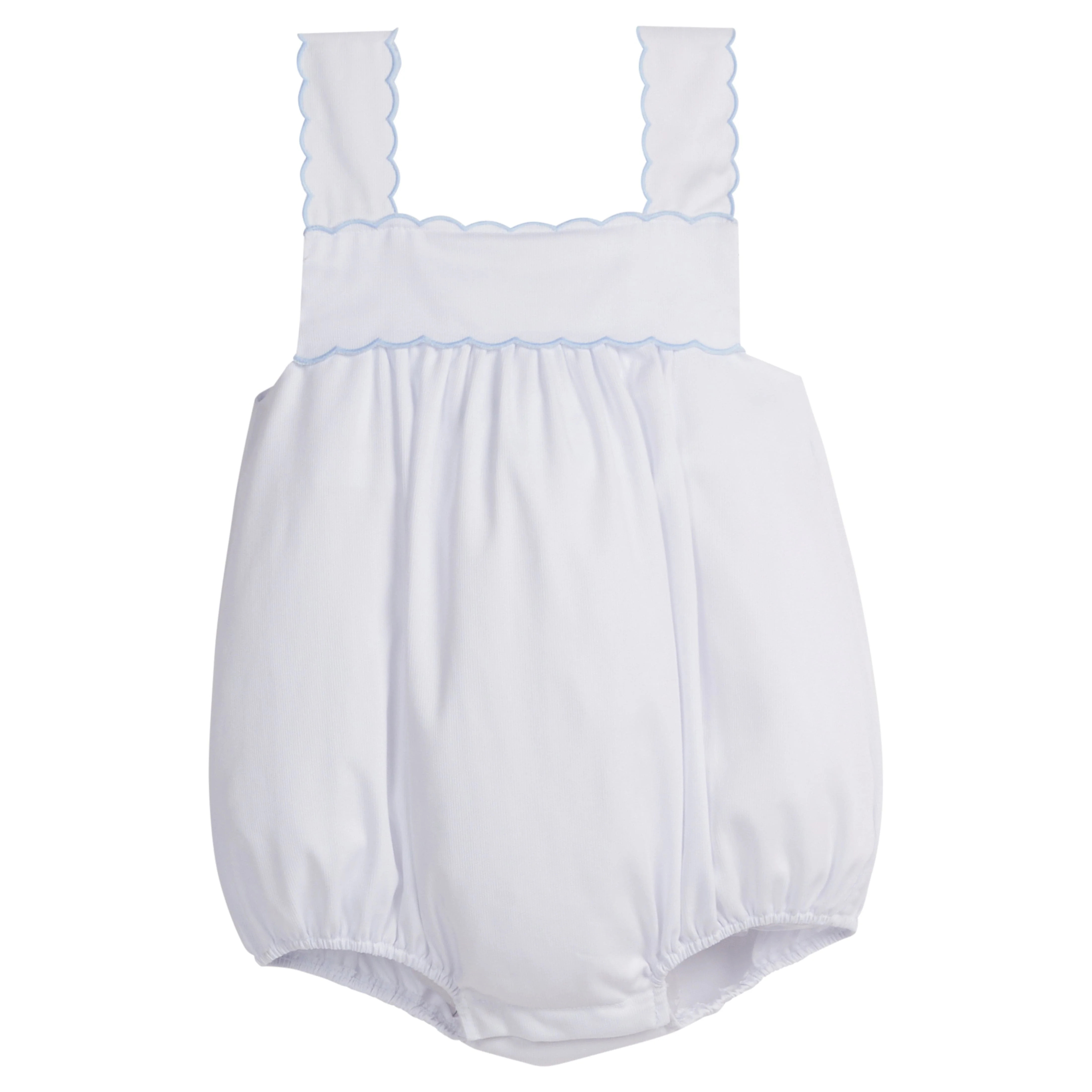 Girls Scallop Bubble Romper in White with Light Blue | Little English | Little English