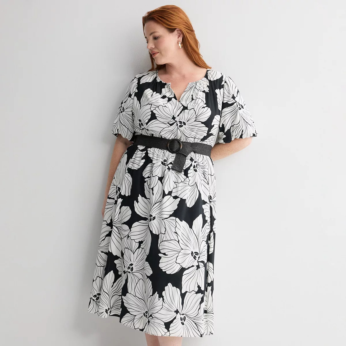 Plus Size Nine West Y-Neck Belted Midaxi Dress, Women's, Size: 1XL, Black Zarina Blooms | Kohl's