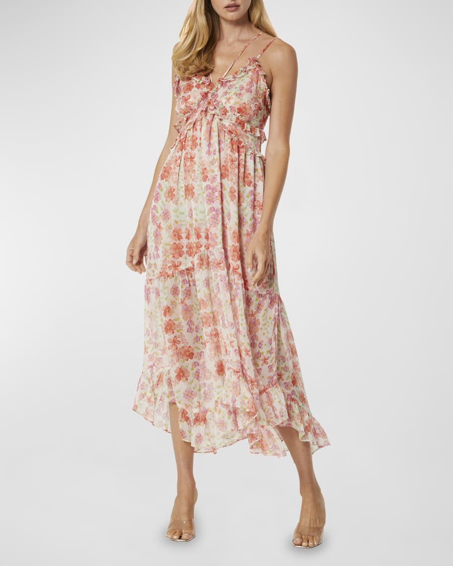 MISA Los Angeles Adrienne Strappy Ruffle-Trim Floral Halter Midi Dress | Neiman Marcus
