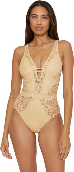BECCA Women's Standard Color Play One Piece Swimsuit, Plunge Neck, Crochet, Bathing Suits | Amazon (US)