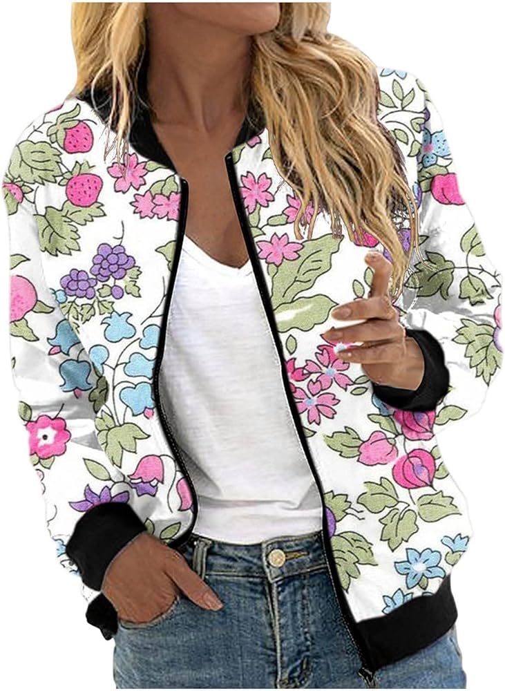 MRGIINRI Women's Bomber Jacket 2023 Dressy Casual Coat Fall Fashion Lightweight Zip Up Outerwear ... | Amazon (US)