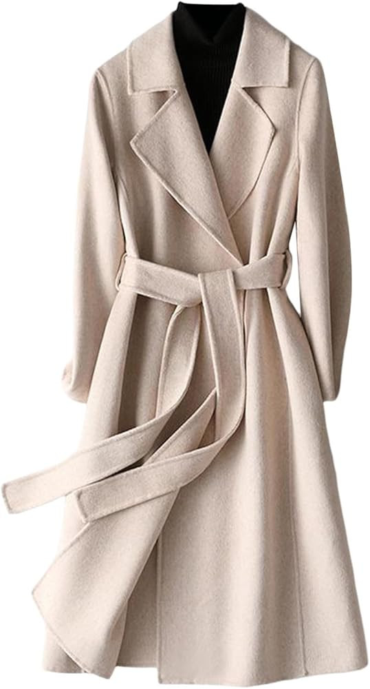 Women's Trench Coat Long Double Breasted Jacket Classic Elegant Windproof Lapel Overcoat with Bel... | Amazon (US)