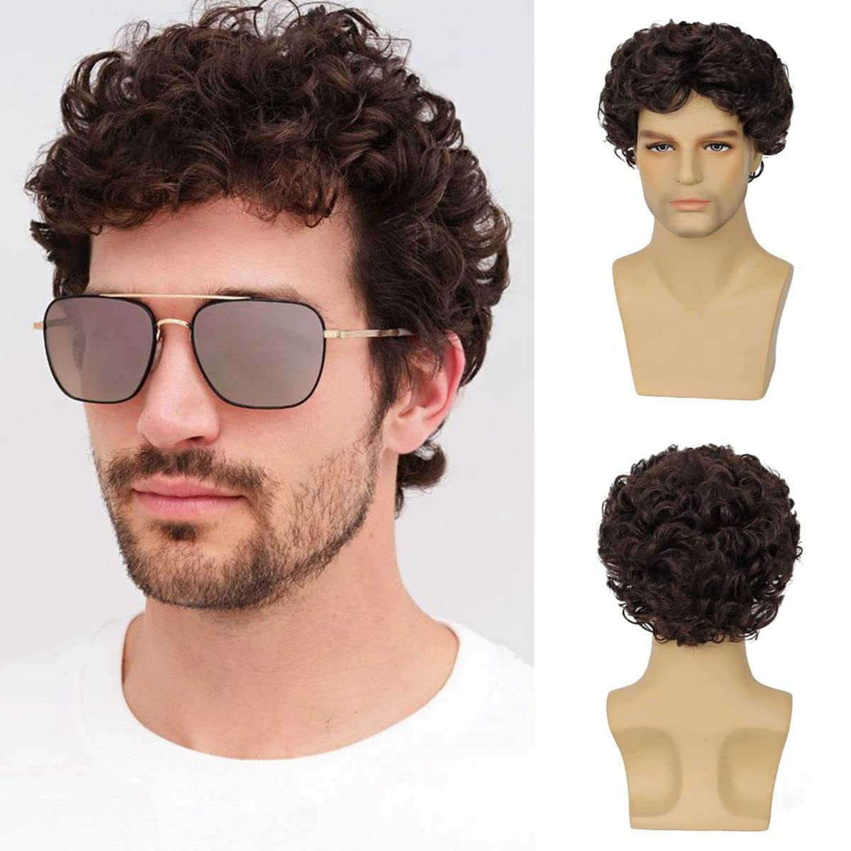 Mens Wig Short Curly Brown Wig Synthetic Costume Replacement Wig for Males | Amazon (US)