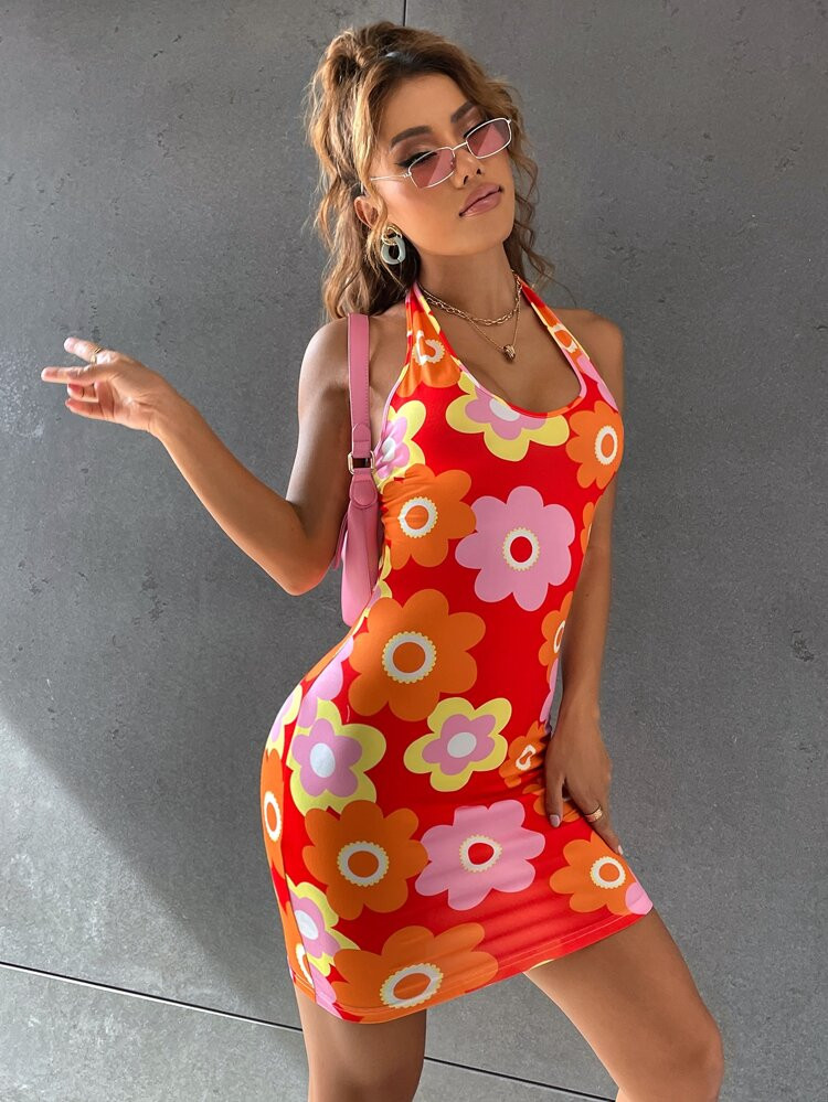 Floral Print Backless Halter Bodycon Dress | SHEIN