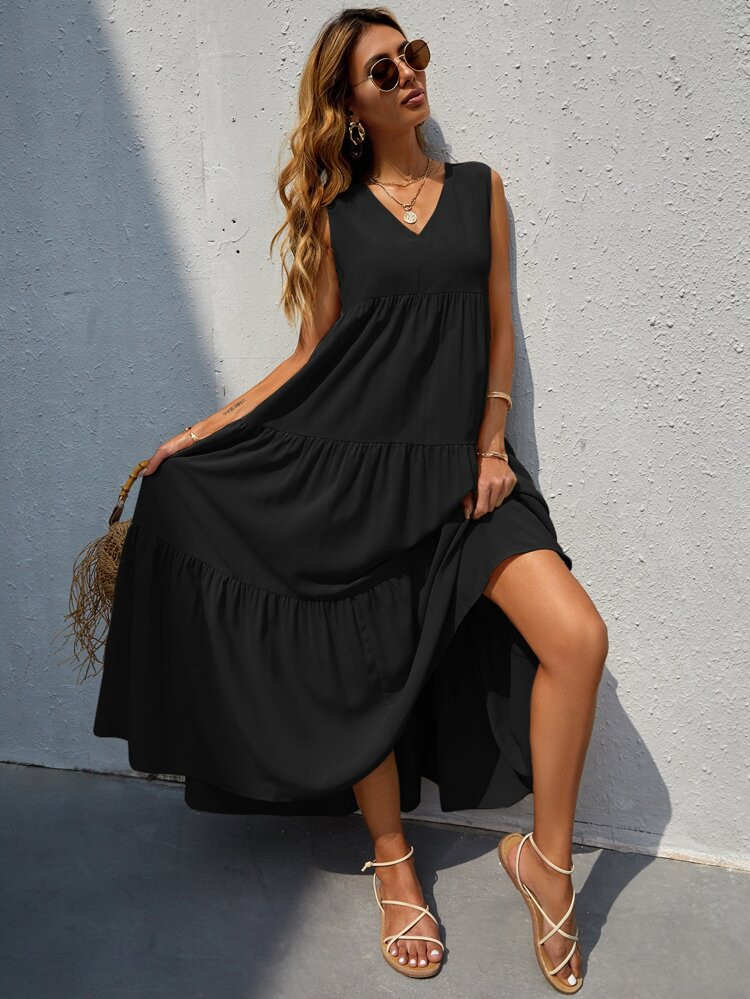 V-neck Ruffle Hem Solid Dress | SHEIN