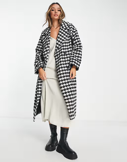 ASOS DESIGN chuck on houndstooth wool mix coat in black and white | ASOS (Global)