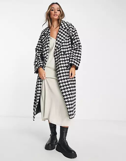 ASOS DESIGN chuck on houndstooth wool mix coat in black and white | ASOS | ASOS (Global)