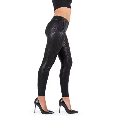 Memoi Sophisticated Metallic Snakeskin Leggings Black M-L | Target
