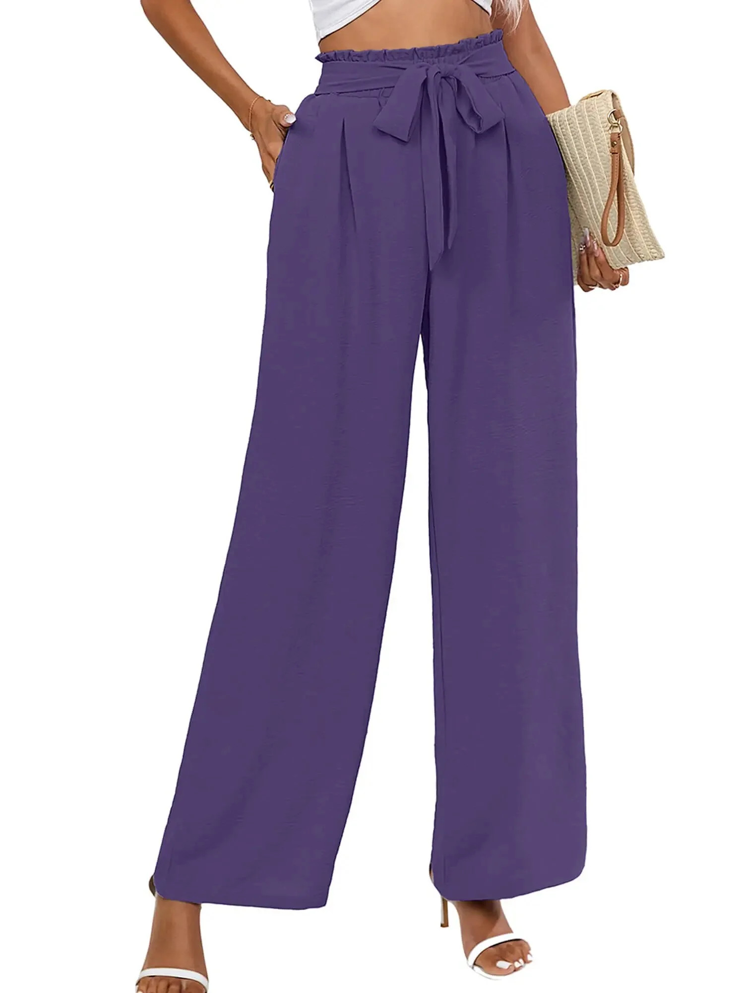 Chiclily Women Wide Leg Pants with Pockets High Waist Loose Belt Flowy Casual Trousers, US Size M... | Walmart (US)