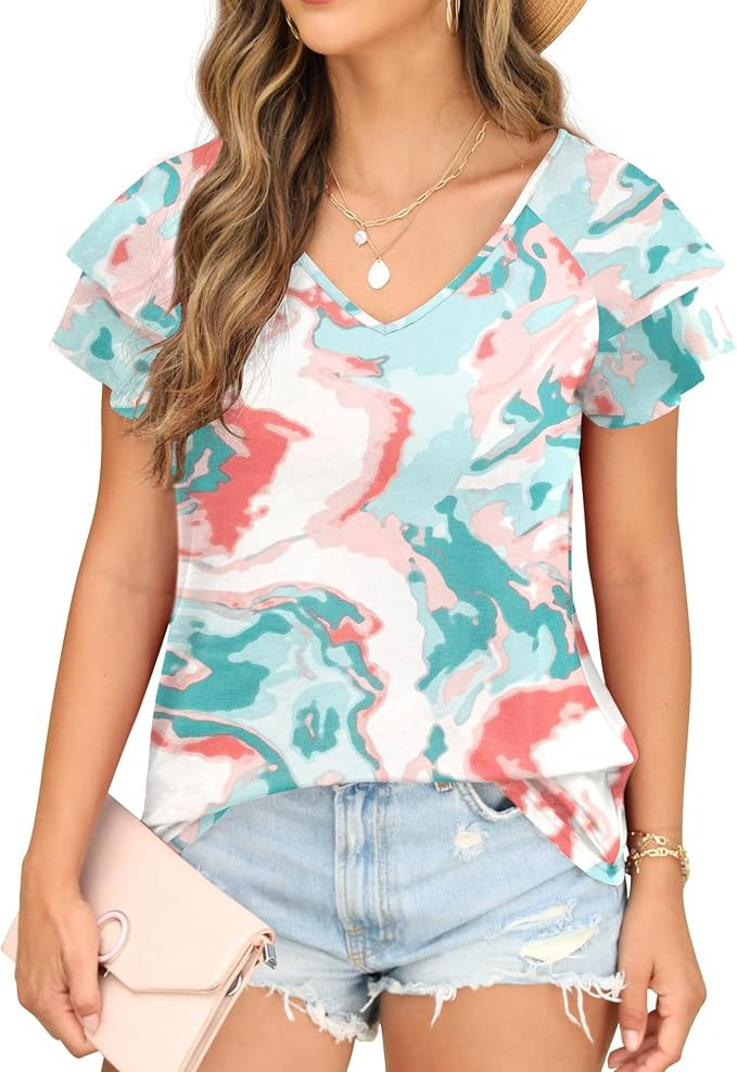 FREEOAK Womens Floral Tops Ruffle Sleeve Shirts for Women V Neck Loose Fit Casual Tee Tunics | Amazon (US)