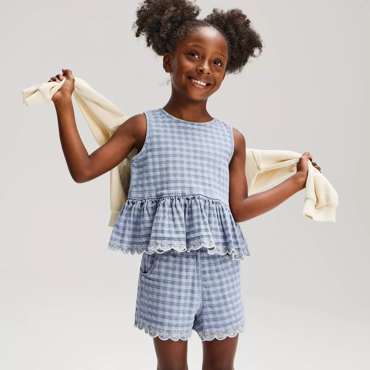 Baby Girls' Gingham Embroidered Denim Sleeveless Top & Shorts Set - Cat & Jack\u2122 Light Wash 1... | Target