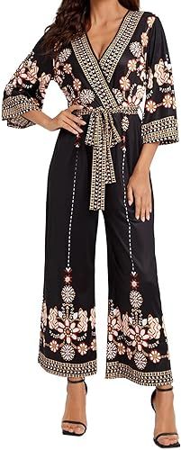 Verdusa Women's Floral High Waist Belted Wrap Wide Leg Jumpsuit Culotte | Amazon (US)