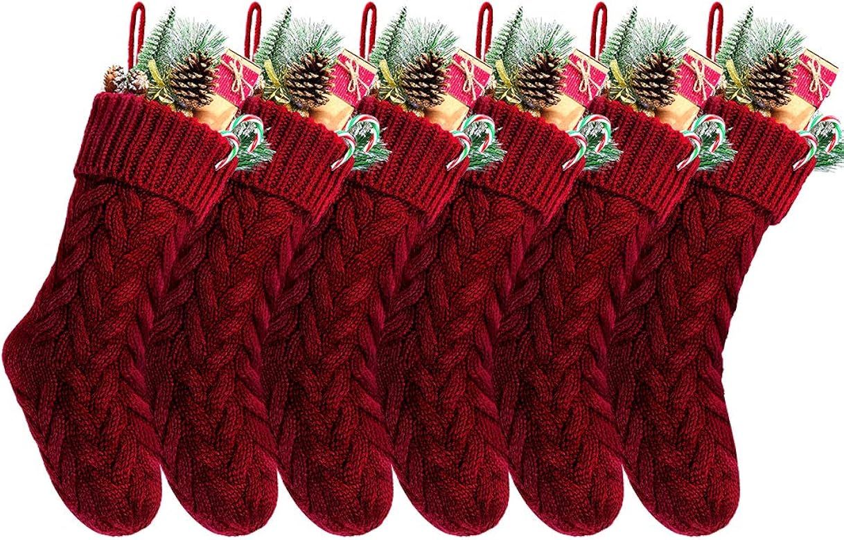 Kunyida Unique Burgundy and Ivory White Knit Christmas Stockings | Amazon (US)