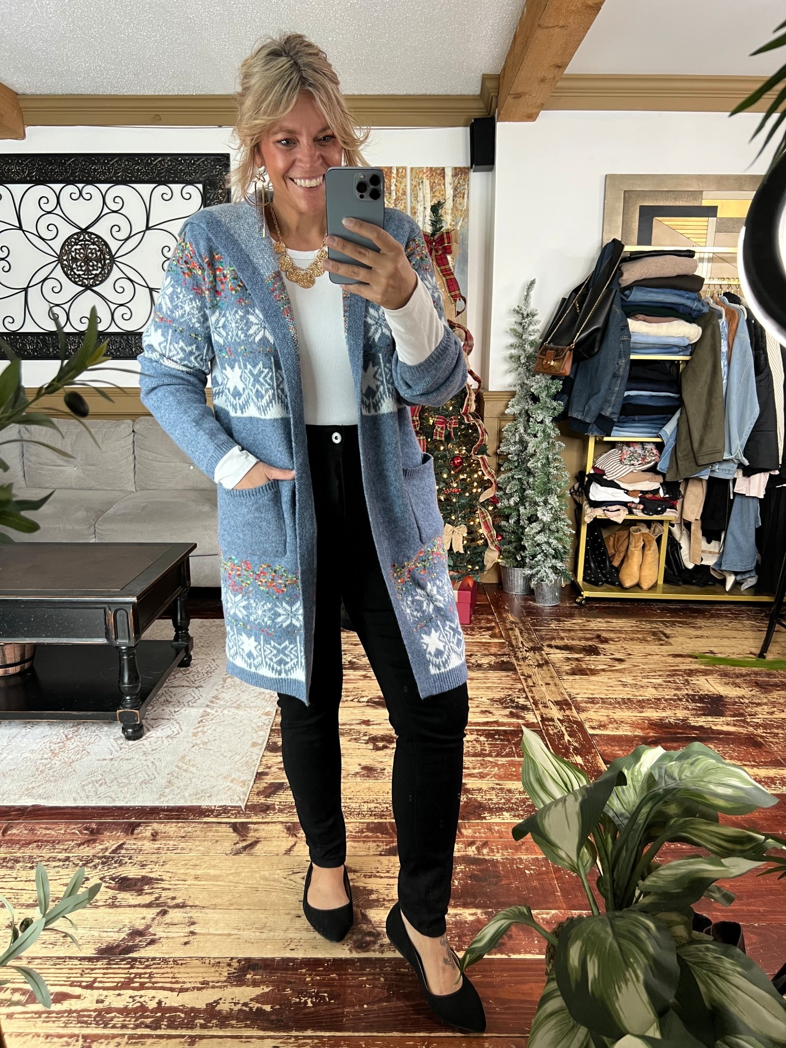 The cutest cardigan! Wearing size 12 in the cardigan and sie 14 in the skinny high rise jeans. Bodysuit size xl and faux leather skirt size xl. 

#LTKSeasonal #LTKMidsize #LTKHoliday