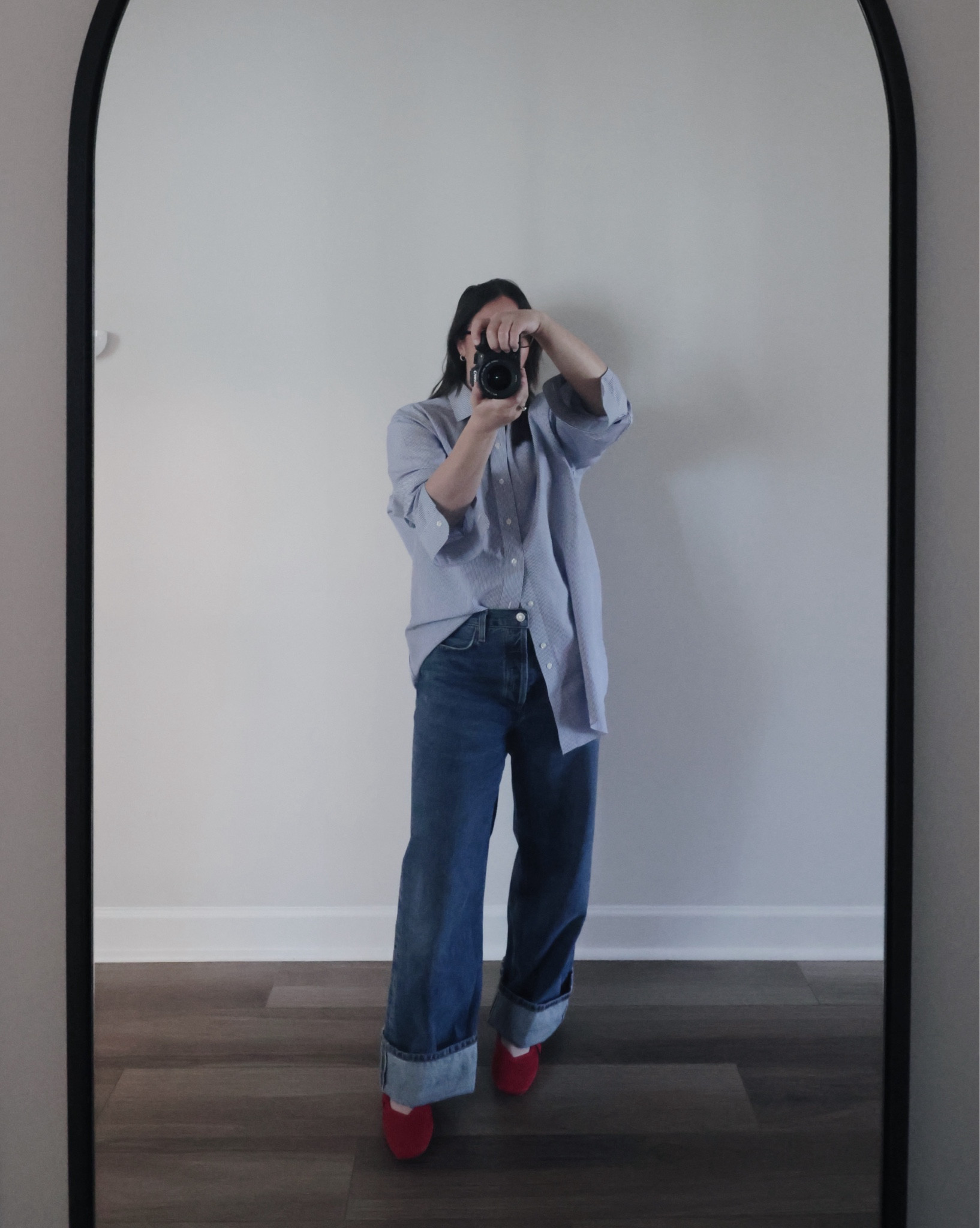 One of my most worn spring outfit formulas - a collared shirt buttoned up with an asymmetrical tuck, wide leg jeans or trousers, and ballet flats or kitten heels 

#LTKWorkwear