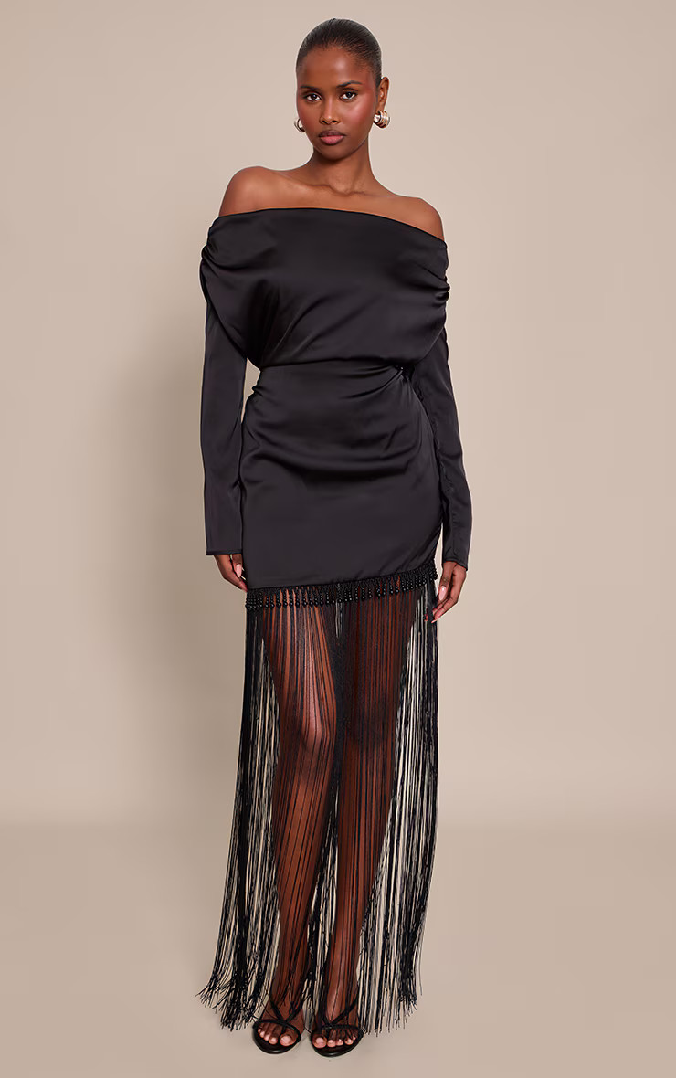 Black Satin Beaded Tassel Hem Detail Maxi Dress | Dresses | PrettyLittleThing US