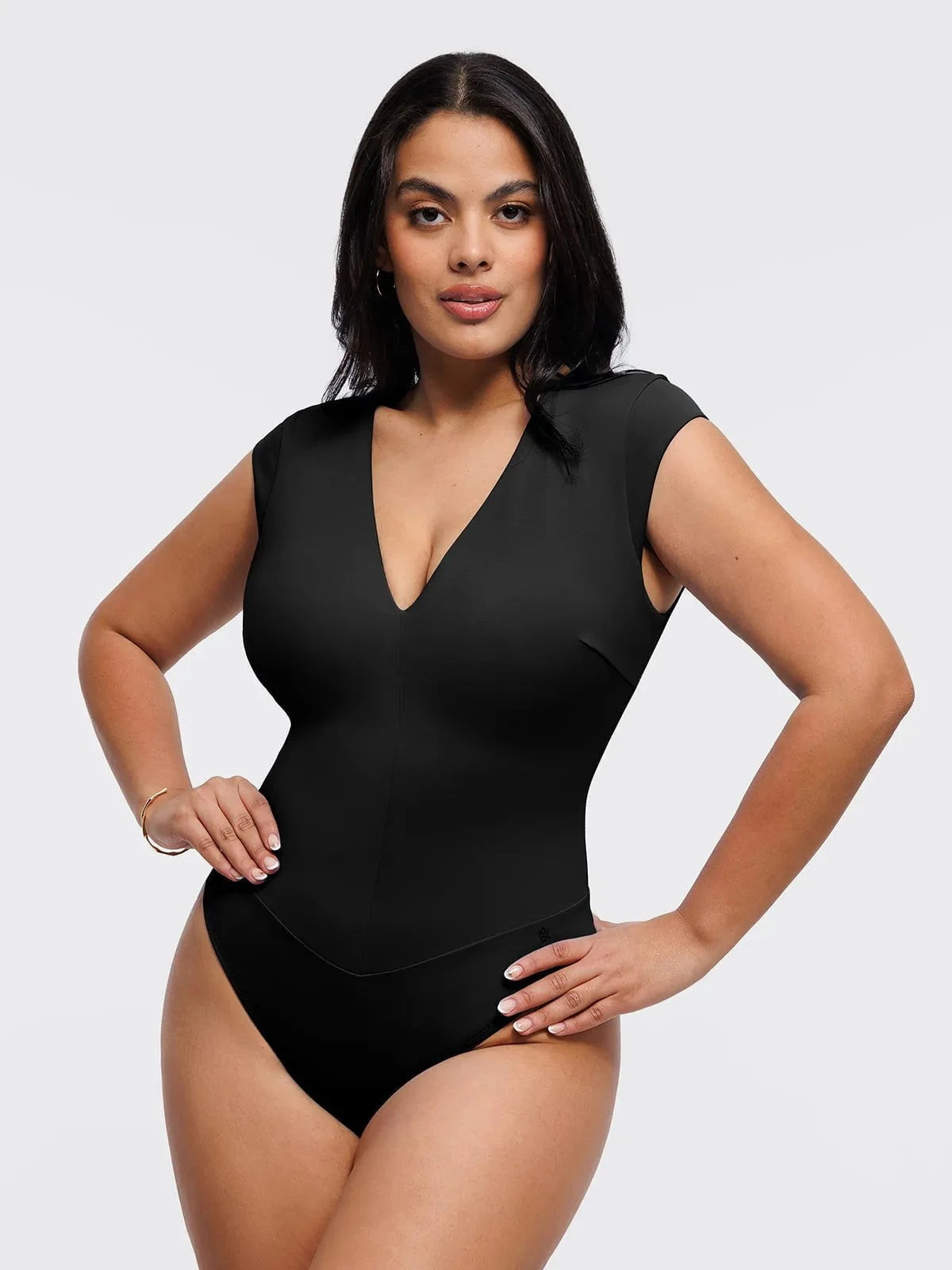Shapewear V Neck Cap Sleeve Tummy Control Bodysuit - Black / M | Popilush