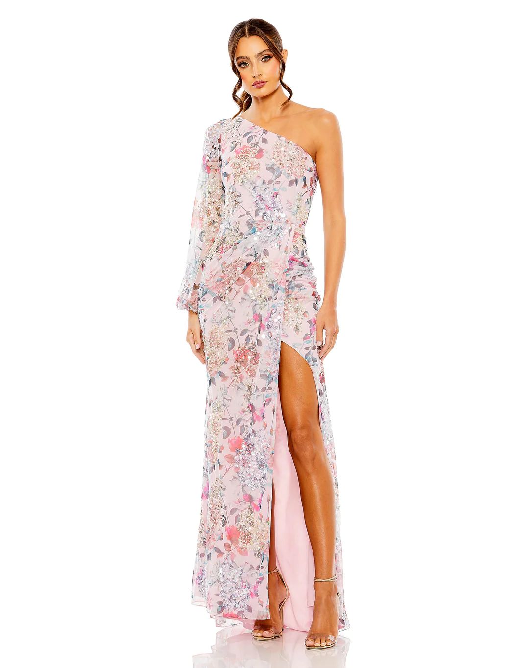 Sequined Floral Print One Sleeve Faux Wrap Gown | Mac Duggal
