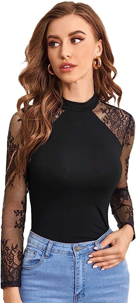 Verdusa Women's Floral Mesh Raglan Sleeve Mock Neck Fitted Blouse Tee Top | Amazon (US)