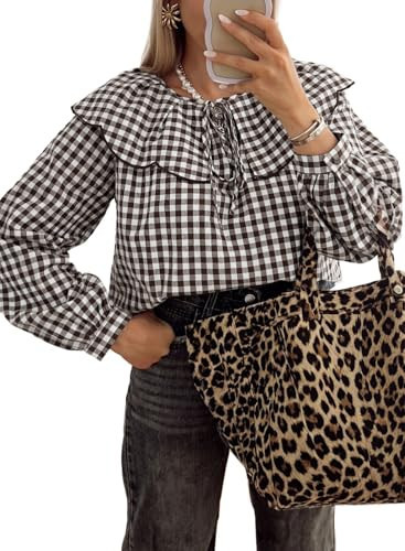 Astylish Womens Cute Peter Pan Bow Tie Blouse Top Casual V Neck Fashion Ruffle Long Sleeve Elegant Gingham Plaid Work Blouses 2026 Spring Shirts Coffee Small | Amazon (US)