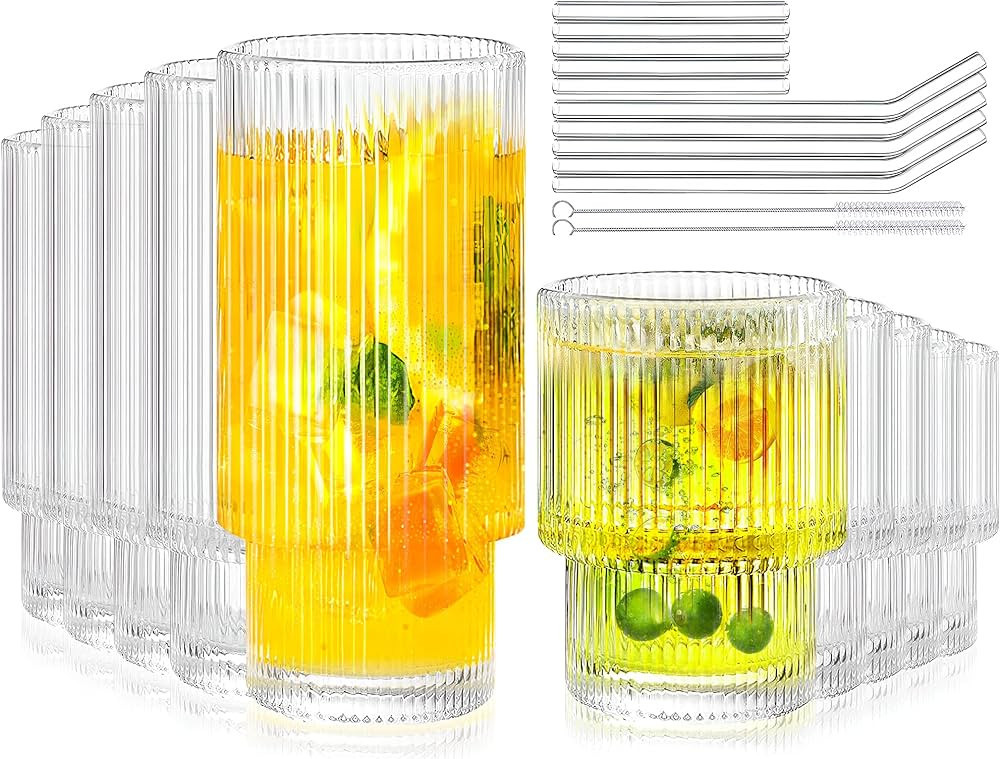 Lvtrupc 10Pcs Ribbed Glass Cups - Highball Glasses & Small Water Drinking Glasses, Vintage Fluted... | Amazon (US)