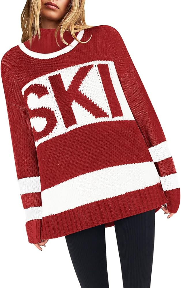 Yousify Womens Sweaters Fall 2025 Oversized Color Block Ski Sweater Crewneck Winter Tops S-2XL | Amazon (US)