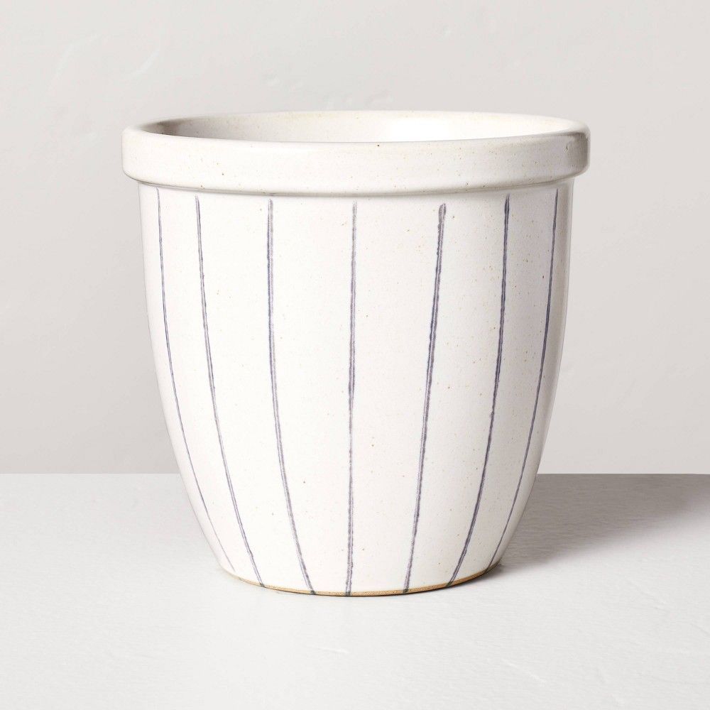 Medium Striped Ceramic Outdoor Planter Pot Blue/Cream - Hearth & Hand with Magnolia | Target