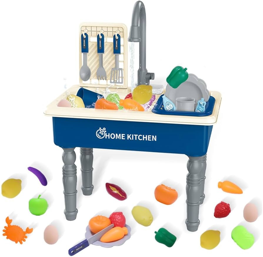 Play Kitchen Sink Toys with Running Water, Toddler Electric Dishwasher Playing Toy with Cutting F... | Amazon (US)