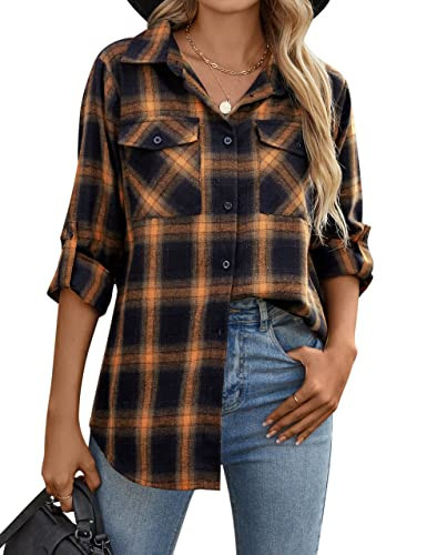 Blooming Jelly Women's Flannel Shirts Plaid Shacket Button Down Collared Business Casual Blouse 2024 Fall Roll Up Long Sleeve Tops (Yellow,Medium) | Amazon (US)