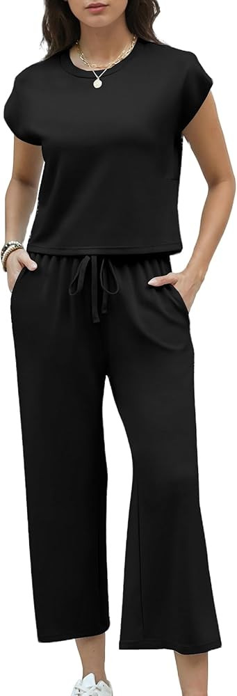 Two Piece Sets for Women Summer Outfits 2024 Cap-Sleeve Tee Tops Wide Leg Pants Set Lounge Tracks... | Amazon (US)