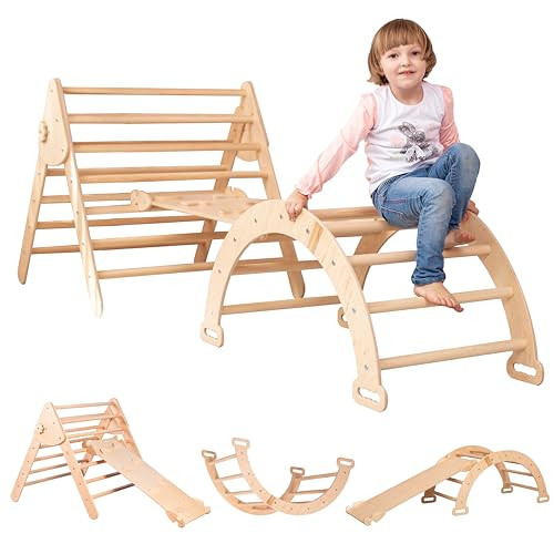 WoodandHearts Triangle Set of three items Wooden toys Climbing triangle Montessori Climbing toys for Toddlers Triangle with ramp Activity gym Baby Climbing triangle set (Large) | Amazon (US)