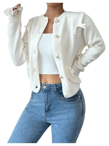 GORGLITTER Women's Bow Button Up Fall Short Cardigan Sweater Dressy Trendy Cute Long Sleeve Cable Knit Light Sweater Top White Medium | Amazon (US)