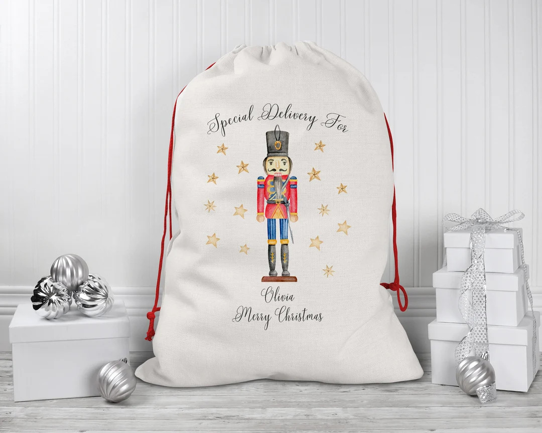 Nutcracker Christmas Sack for Children Personalised Santa Gift Bag for Kids Sacks Linen Drawstrin... | Etsy (US)