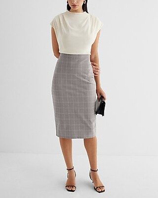 Plaid Draped Mock Neck Midi Sheath Dress | Express