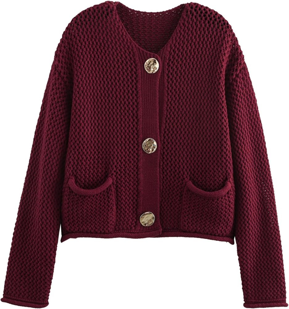 Cardigan Sweaters for Women Cropped Long Sleeve Button Down Fall Sweater Chunky Knit Tops with Po... | Amazon (US)