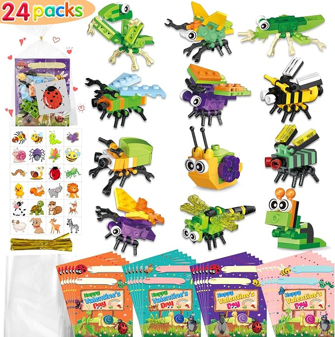 U-Goforst 24 Pack Valentines Day Gifts for Kids Insect Blocks Building Kits Toys with Valentines ... | Amazon (US)
