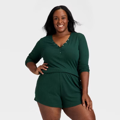Women's Ribbed Long Sleeve Shirt and Shorts Pajama Set - Auden™ Green 2X | Target