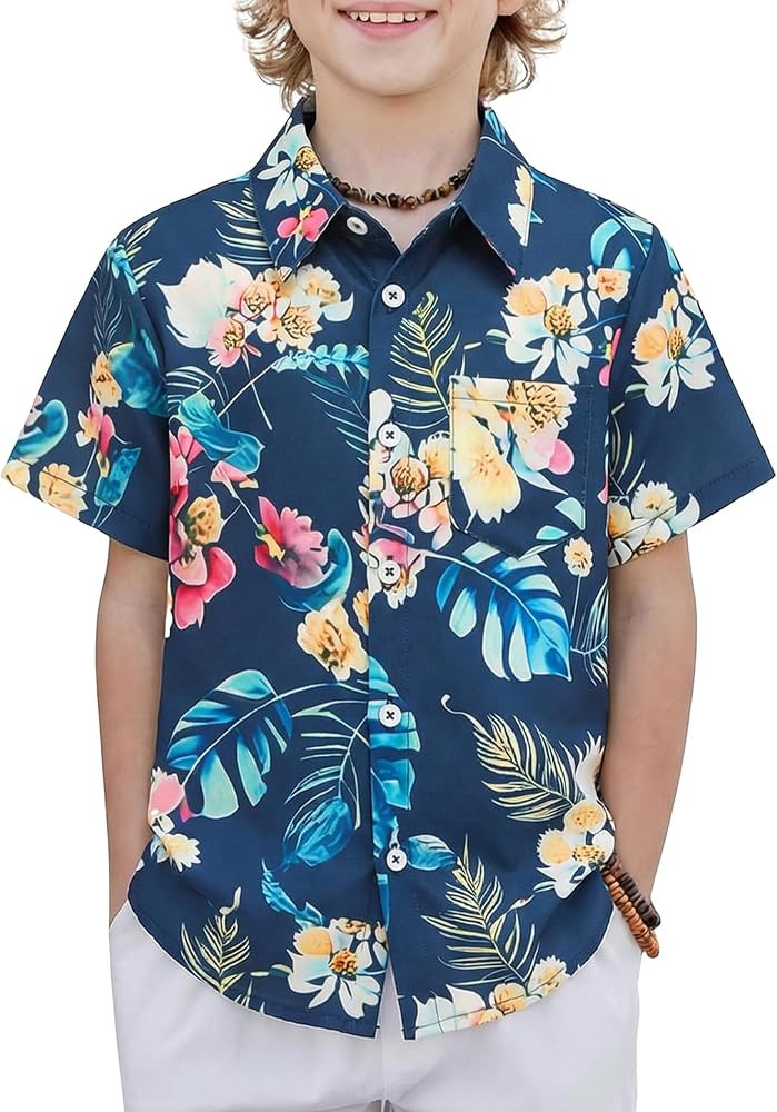 Boys Hawaiian Shirt Tropical Short Sleeve Button Down Shirt Summer Floral Beach Shirts with Pocke... | Amazon (US)