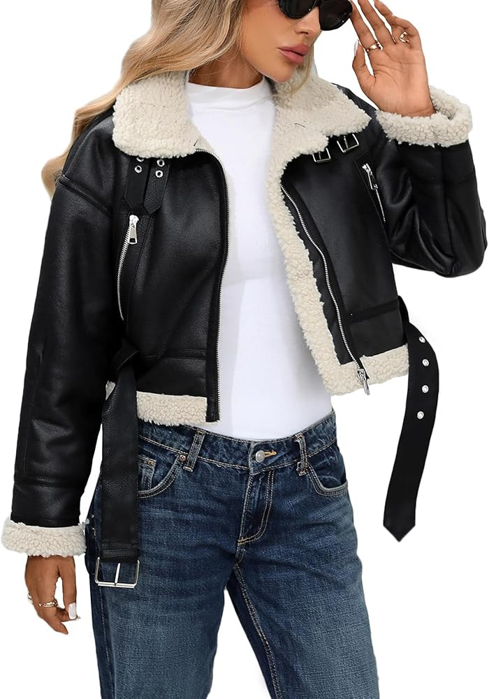 LY VAREY LIN Winter Women Faux Lamb Fur Leather Short Jacket Lapel Zipper Bomber Aviator Coat | Amazon (US)